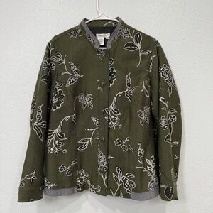 Coldwater Creek Olive‎ Green Floral Print Blazer Jacket XL Textured Herringbone
